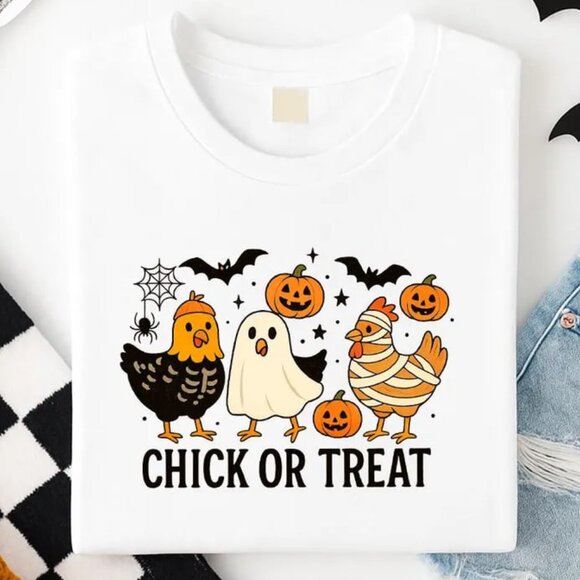 Tops - Chick Or Treat Halloween Shirt, Funny Goose Pumpkin Shirt, Spooky Season Tee